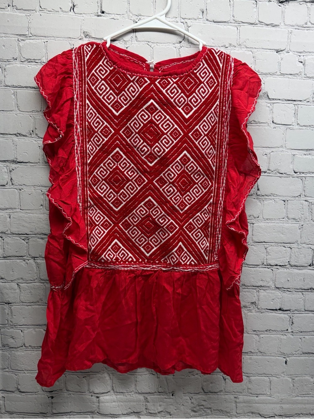 Artesanal Red Embroidered Ruffle Tunic Top one size one size